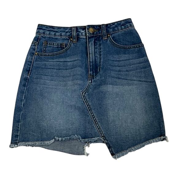 Heartloom Denim Skirt Blue Jean Mini Festival  XS Preppy Hi-Lo Raw Edge - Picture 1 of 4